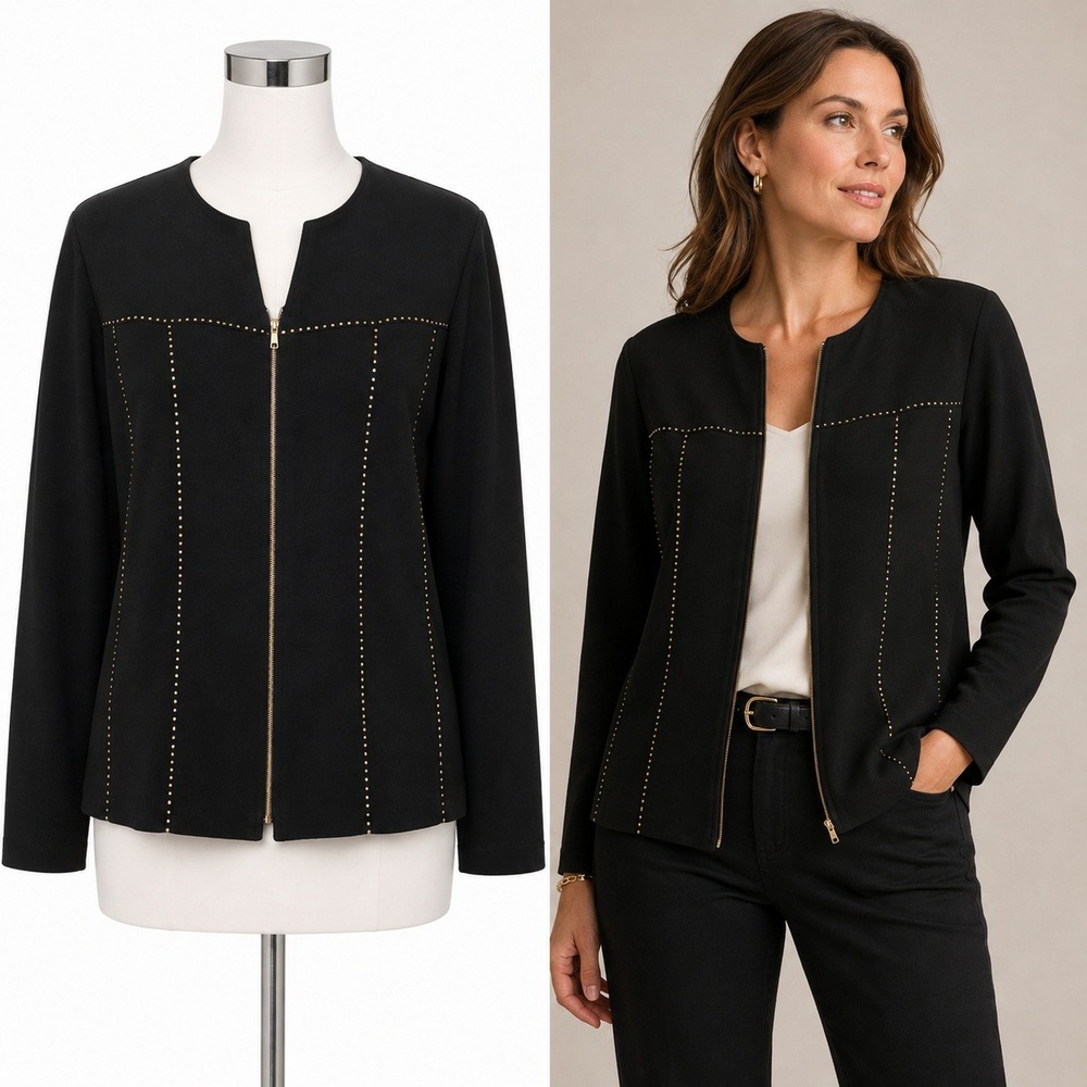 Vintage Chads Place Blazer Womens 8 Black Gold Stitch Zip Front Jacket Career